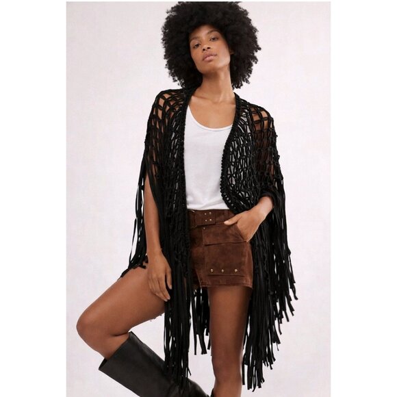 NWT Free People Heart of Gold Black Fringe Shawl Boho Western Festival One Size - Picture 4 of 10
